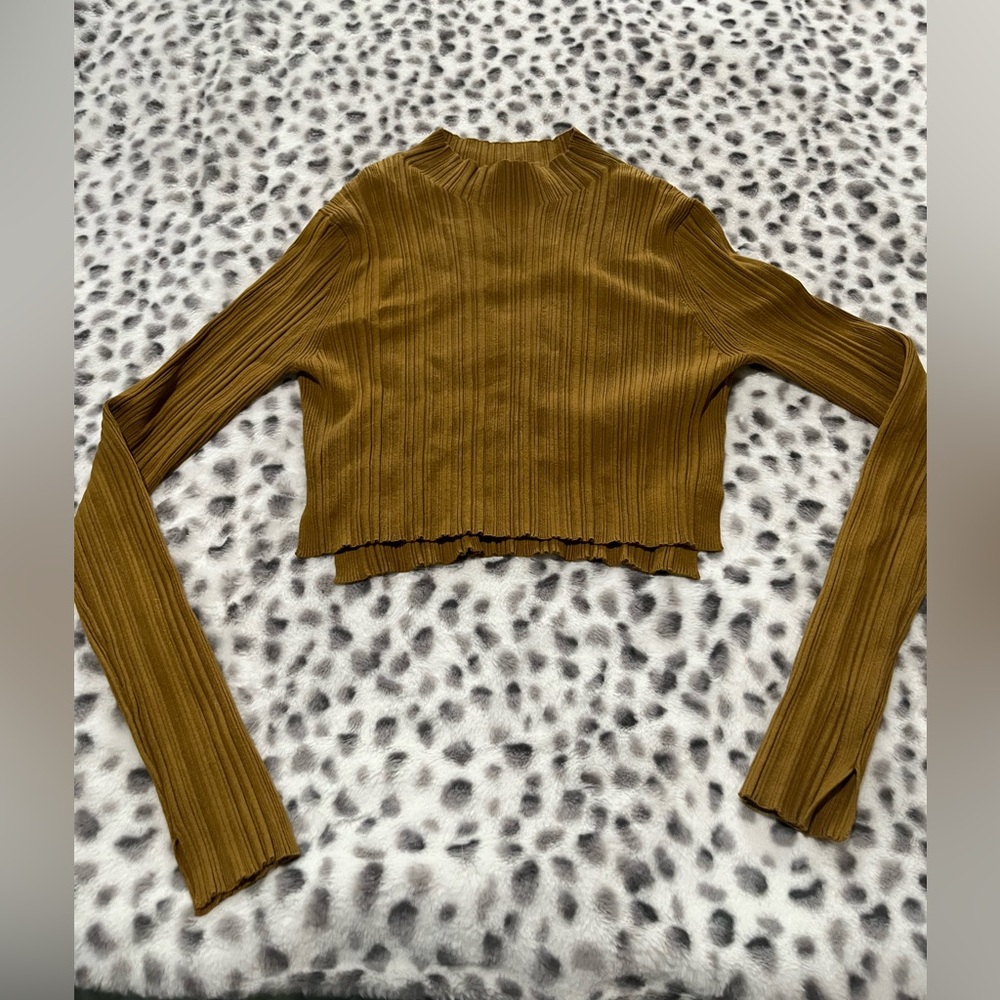 AllSaints Mustard Gold Ribbed Mock Neck Crop Top Sweater‎ Large